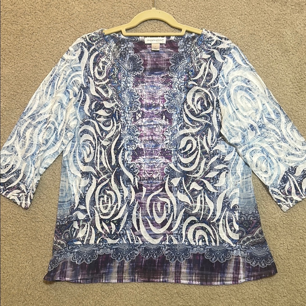 Christopher & Banks Purple and White Graphic Relaxed Blouse